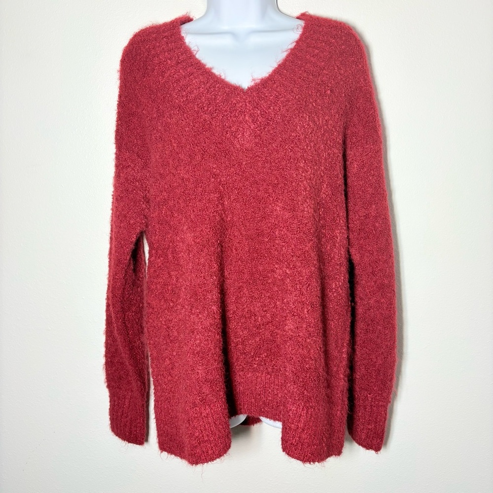 Aerie Soft Red Wool Blend Fuzzy Plush Teddy VNeck Sweater SzS OVERSIZED Cozycore